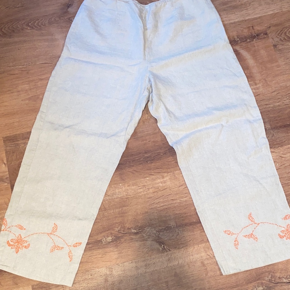 LOFT Ann Taylor Beige Linen pants with Orange Embroidery SZ 12